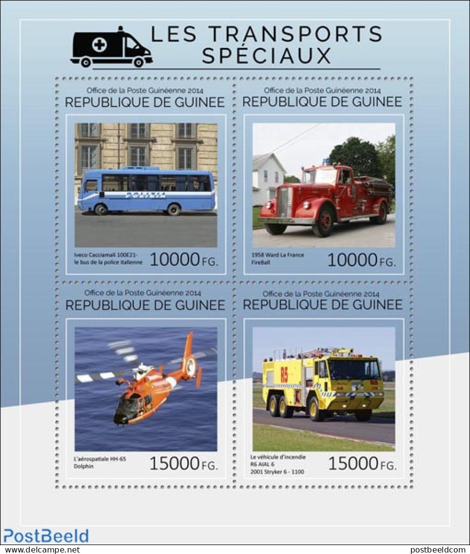 Guinea, Republic 2014 Special Transport , Mint NH, Transport - Automobiles - Fire Fighters & Prevention - Helicopters - Coches