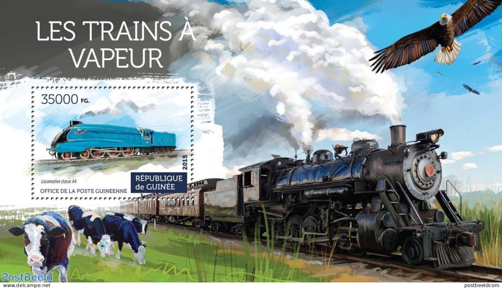Guinea, Republic 2015 Steam Trains, Mint NH, Nature - Transport - Birds Of Prey - Cattle - Railways - Trenes