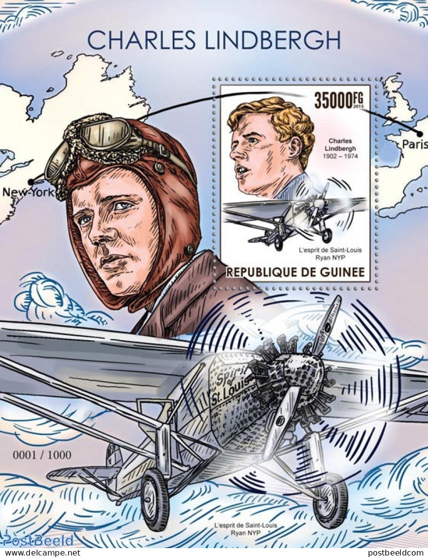 Guinea, Republic 2015 Charles Lindbergh, Mint NH, History - Transport - Explorers - Aircraft & Aviation - Exploradores