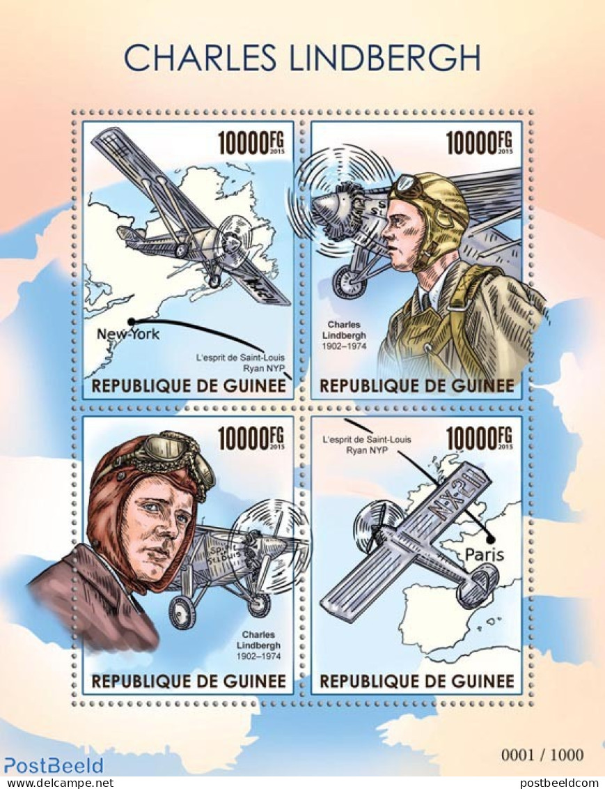 Guinea, Republic 2015 Charles Lindbergh, Mint NH, History - Transport - Explorers - Aircraft & Aviation - Explorateurs