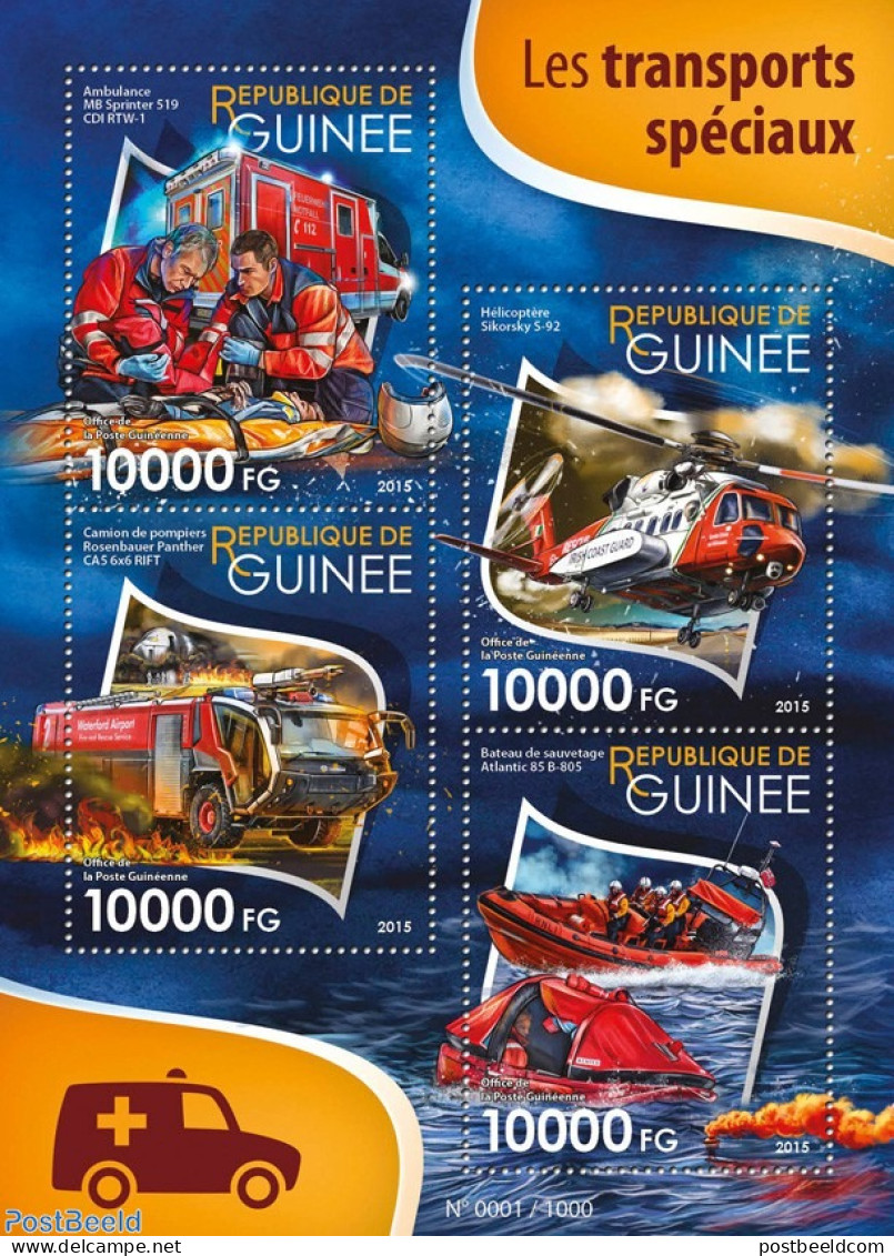 Guinea, Republic 2015 Special Transport , Mint NH, Transport - Fire Fighters & Prevention - Helicopters - Ships And Bo.. - Pompieri