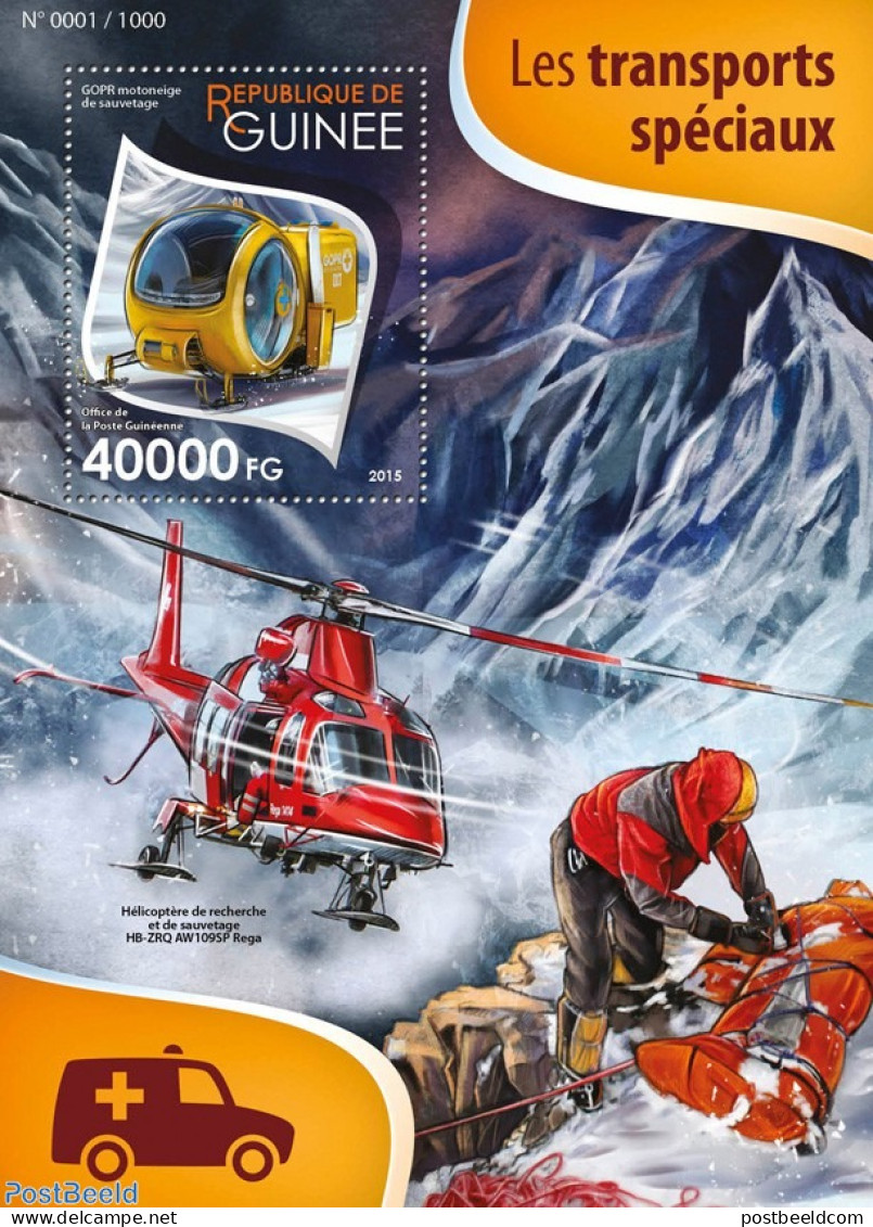 Guinea, Republic 2015 Special Transport , Mint NH, Sport - Transport - Mountains & Mountain Climbing - Helicopters - Climbing