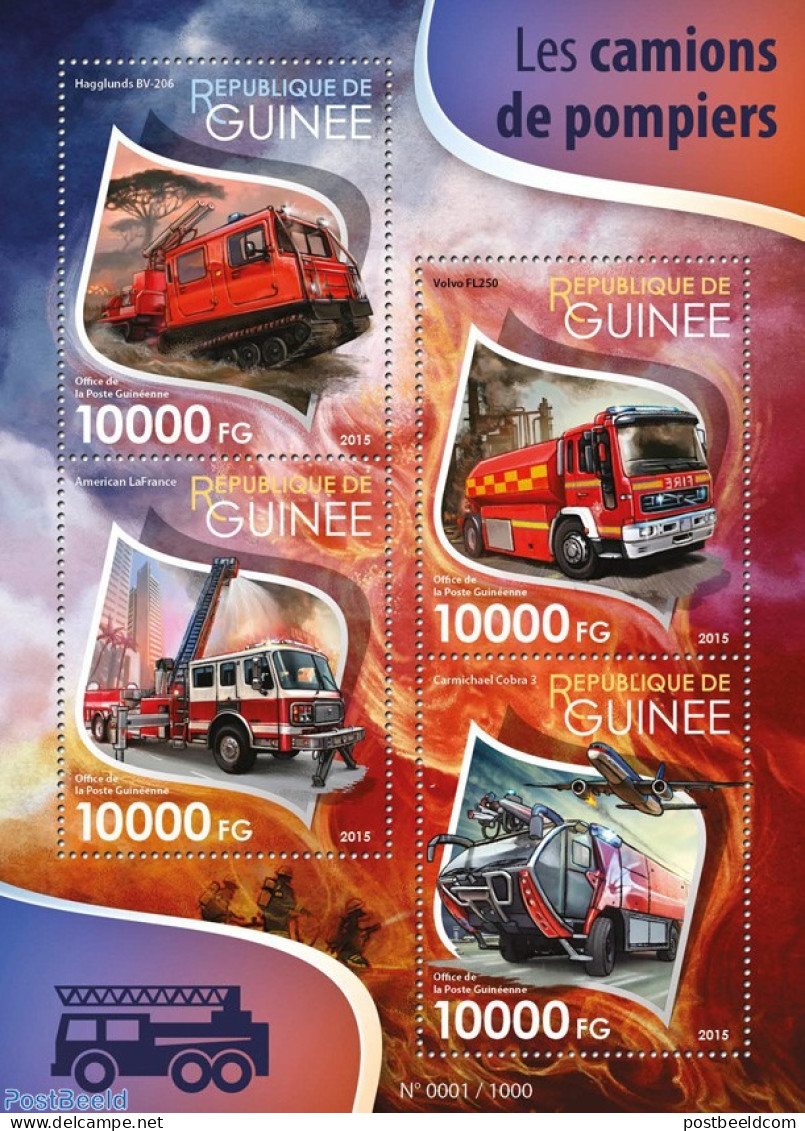 Guinea, Republic 2015 Fire Engines, Mint NH, Transport - Automobiles - Fire Fighters & Prevention - Aircraft & Aviation - Auto's