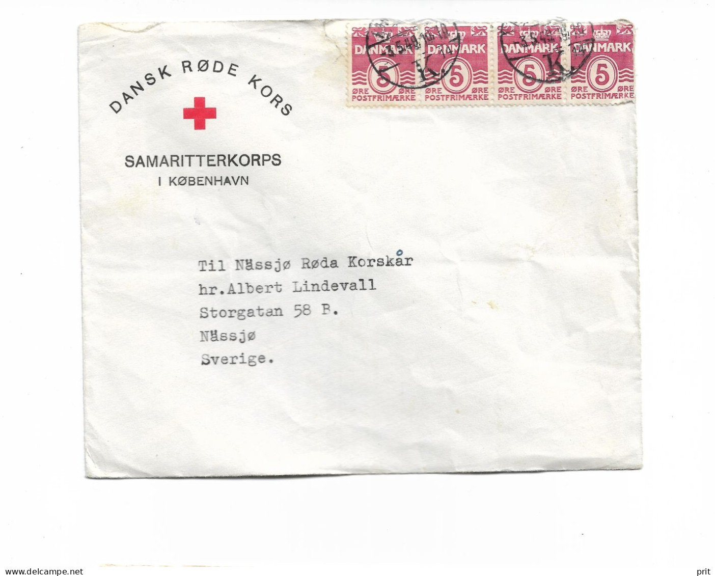 Dansk Røde Kors Danish Red Cross Samaritan Corps In Copenhagen Denmark Cover To Nässjø Sweden 1949 Strip Of 4 X 5øre - Brieven En Documenten