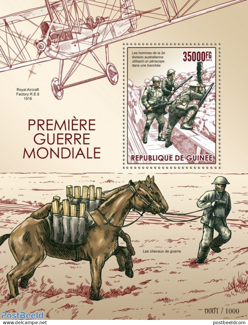 Guinea, Republic 2015 World War I , Mint NH, History - Nature - Transport - Various - Militarism - Horses - Aircraft &.. - Militaria