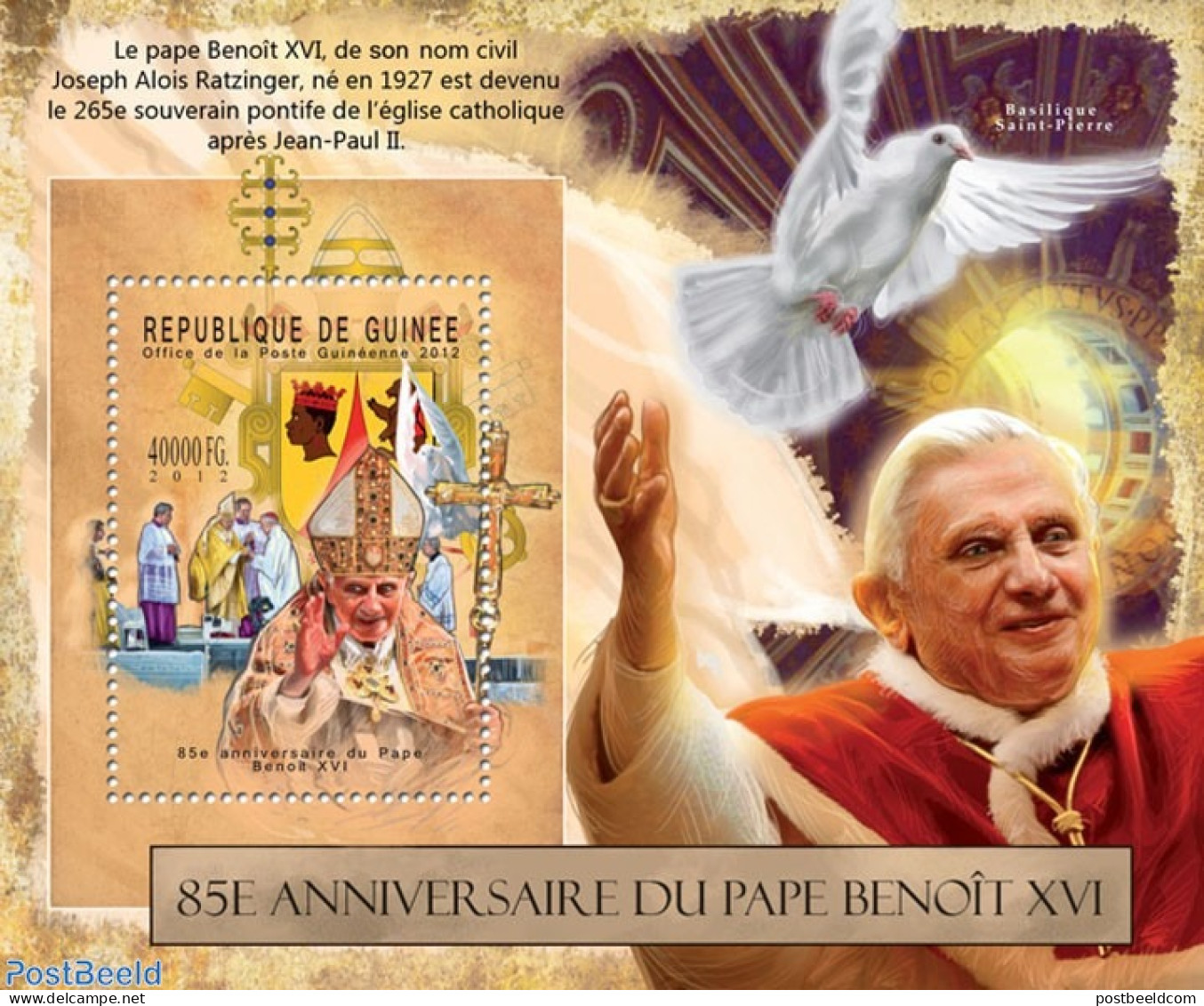 Guinea, Republic 2012 Pope Benedict XVI, Mint NH, Nature - Religion - Pope - Pigeons - Pausen