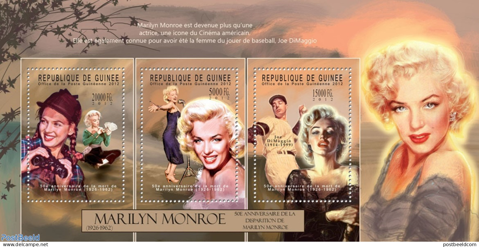 Guinea, Republic 2012 Marilyn Monroe, Mint NH, Performance Art - Sport - Marilyn Monroe - Movie Stars - Baseball - Actors