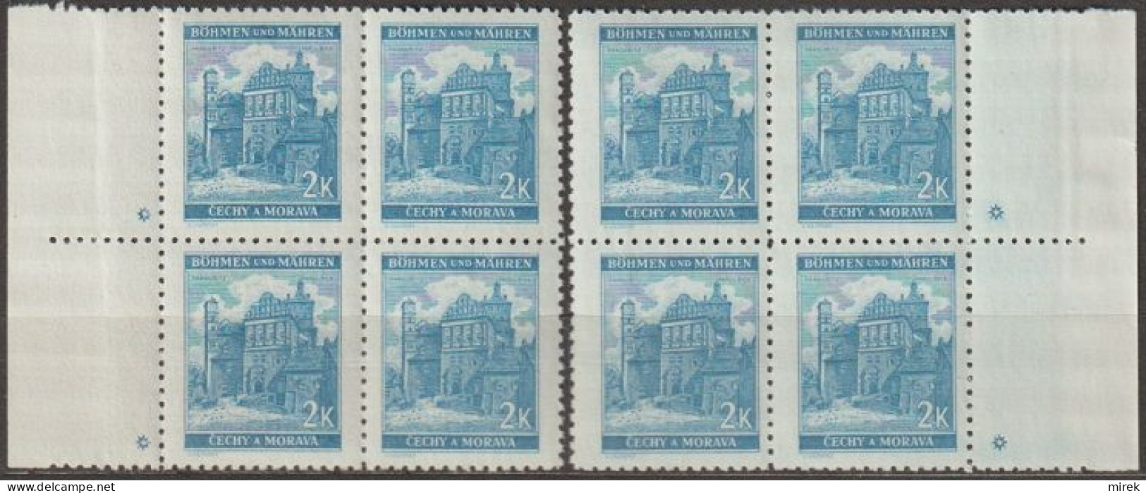 055/ Pof. 59, Green Blue; Border 4-blocks, Plate Mark * - Unused Stamps