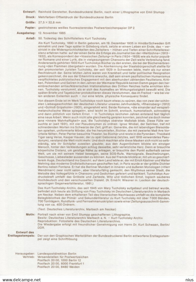 Germany Deutschland 1985-12 Kurt Tucholsky, German Journalist Satirist Writer, Canceled In Berlin - 2001-2010