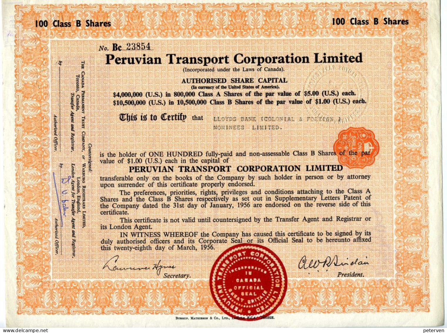 PERUVIAN TRANSPORT COMPANY Limited; 100 Class B Shares - Trasporti