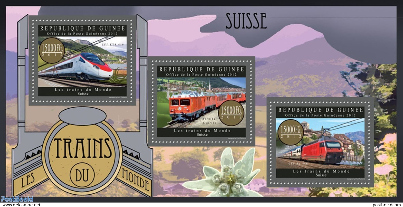 Guinea, Republic 2012 Trains Of The World - Suisse, Mint NH, Nature - Transport - Flowers & Plants - Railways - Eisenbahnen