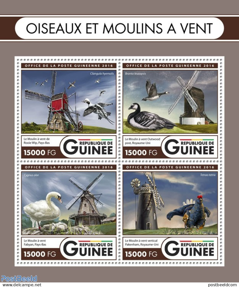 Guinea, Republic 2016 Birds And Mills, Mint NH, Nature - Various - Birds - Mills (Wind & Water) - Swans - Mulini