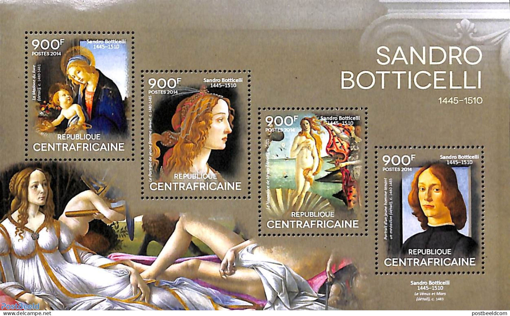 Central Africa 2014 Sandro Botticelli 4v M/s, Mint NH, Art - Paintings - Zentralafrik. Republik