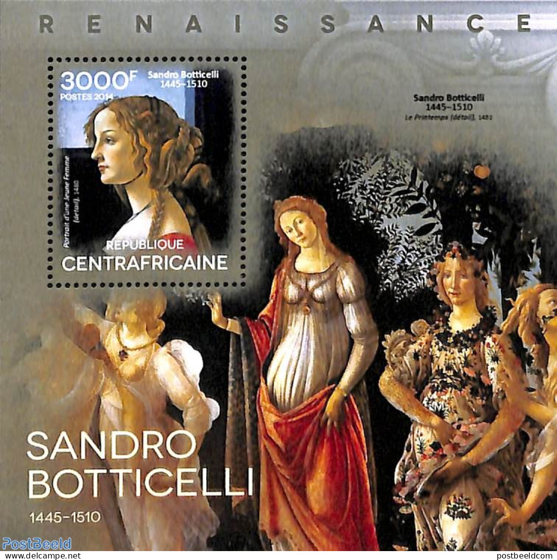 Central Africa 2014 Sandro Botticelli S/s, Mint NH, Art - Paintings - Zentralafrik. Republik