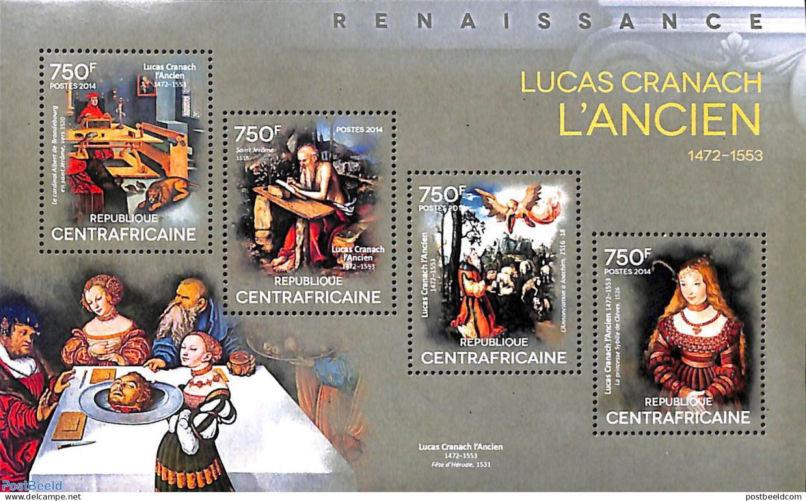 Central Africa 2014 Lucas Cranach, The Old 4v M/s, Mint NH, Art - Paintings - Central African Republic