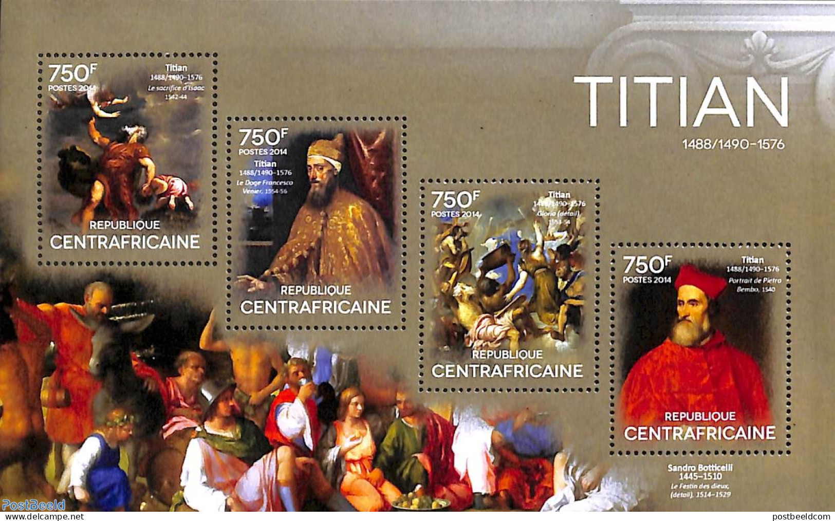 Central Africa 2014 Titian 4v M/s, Mint NH, Art - Paintings - Centraal-Afrikaanse Republiek