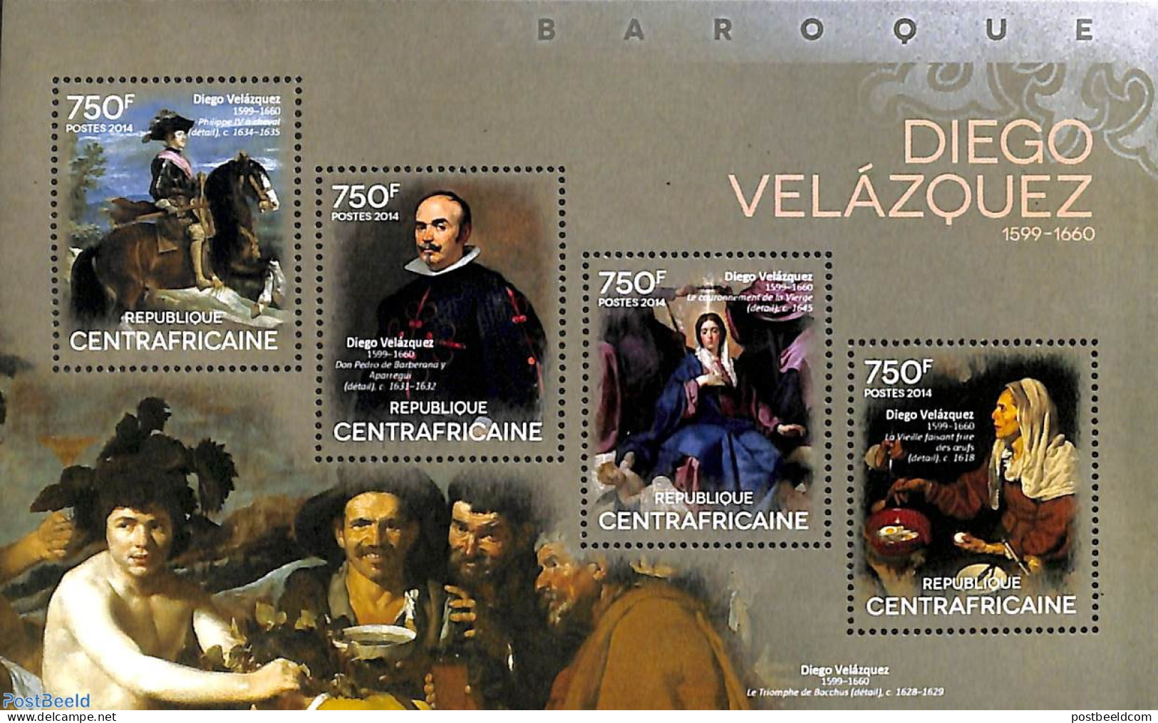 Central Africa 2014 Diego Velazquez 4v M/s, Mint NH, Art - Paintings - República Centroafricana