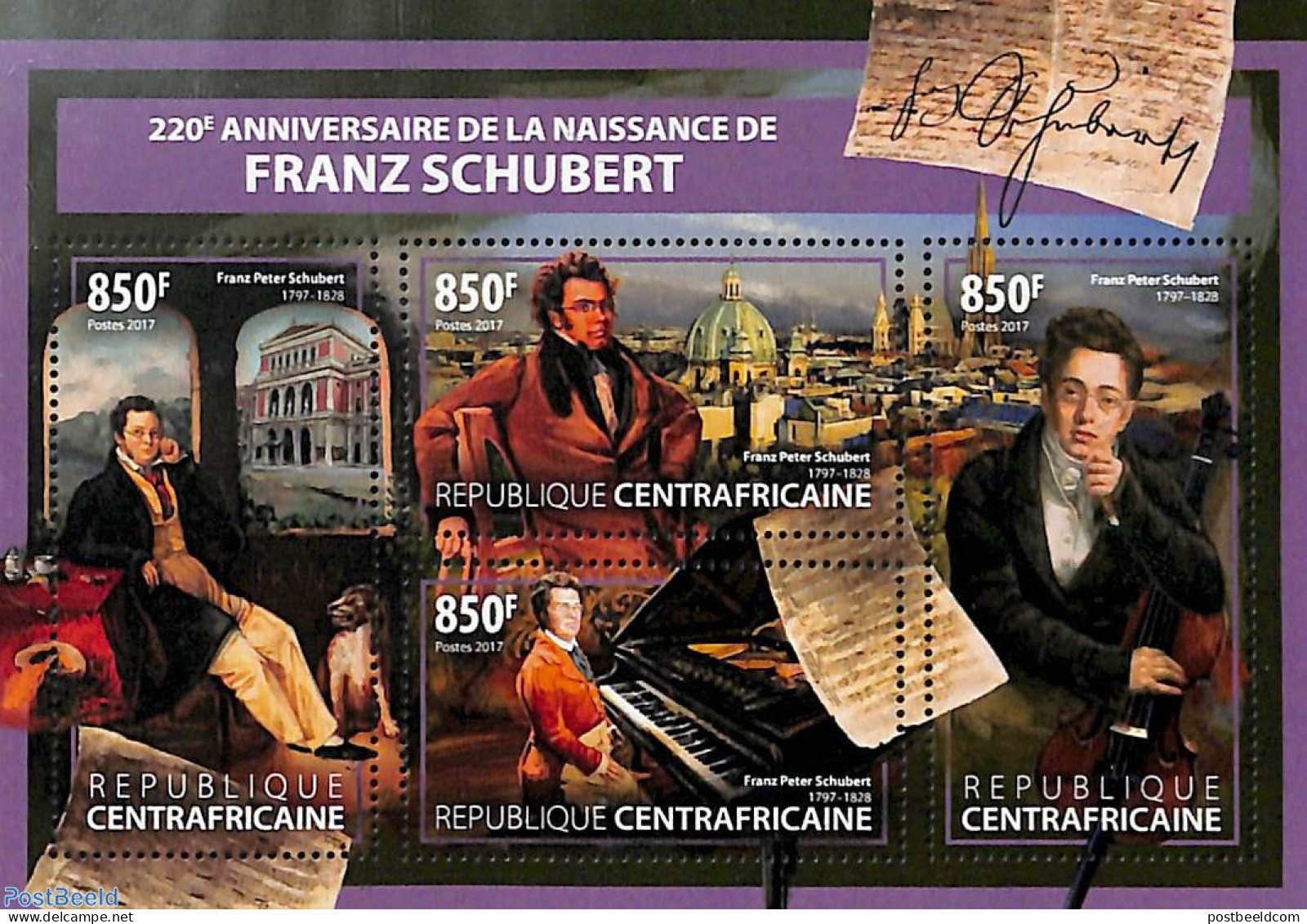 Central Africa 2017 Franz Schubert 4v M/s, Mint NH, Performance Art - Music - Art - Composers - Muziek