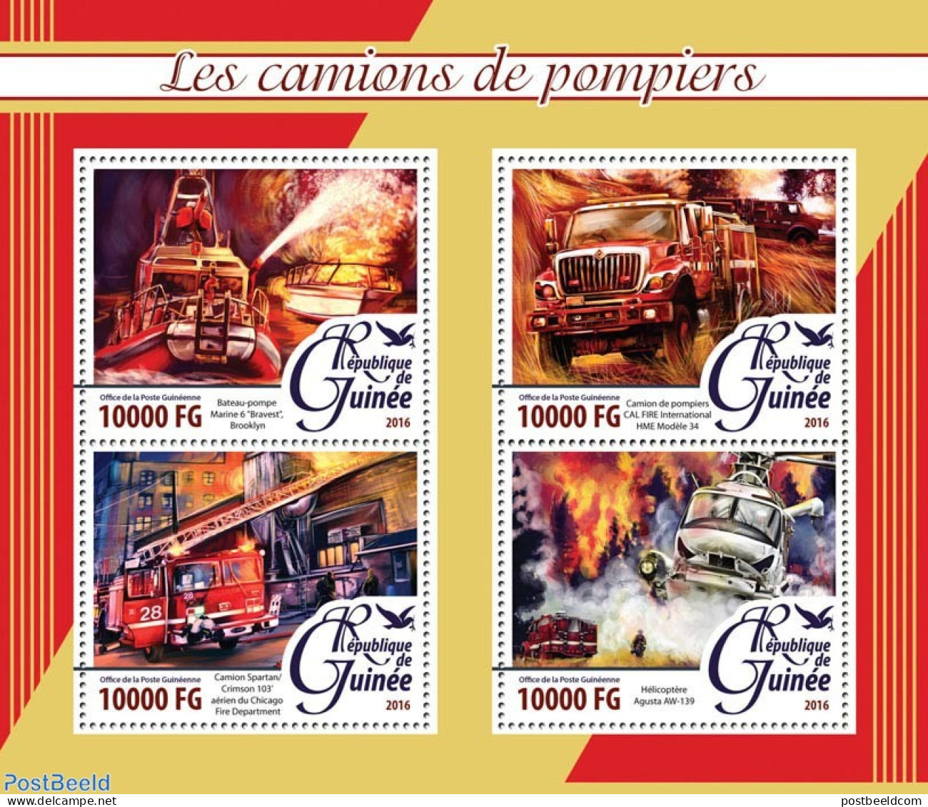 Guinea, Republic 2016 Fire Engines, Mint NH, Transport - Automobiles - Fire Fighters & Prevention - Helicopters - Coches