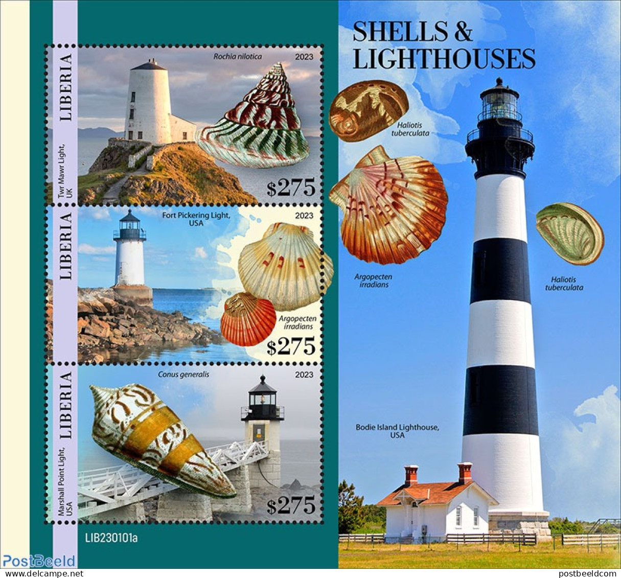Liberia 2023 Shells & Lighthouses, Mint NH, Nature - Various - Shells & Crustaceans - Lighthouses & Safety At Sea - Mundo Aquatico