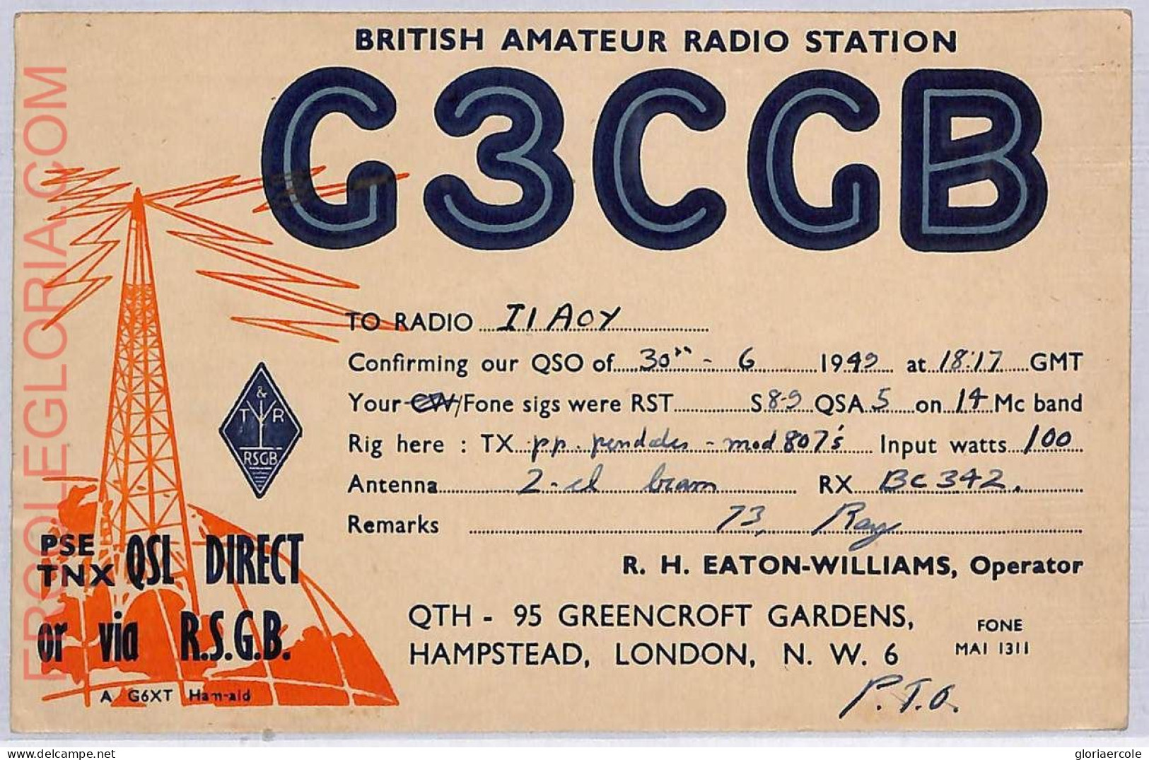 Ad9168 - GREAT BRITAIN - RADIO FREQUENCY CARD - England - London -  1949 - Radio