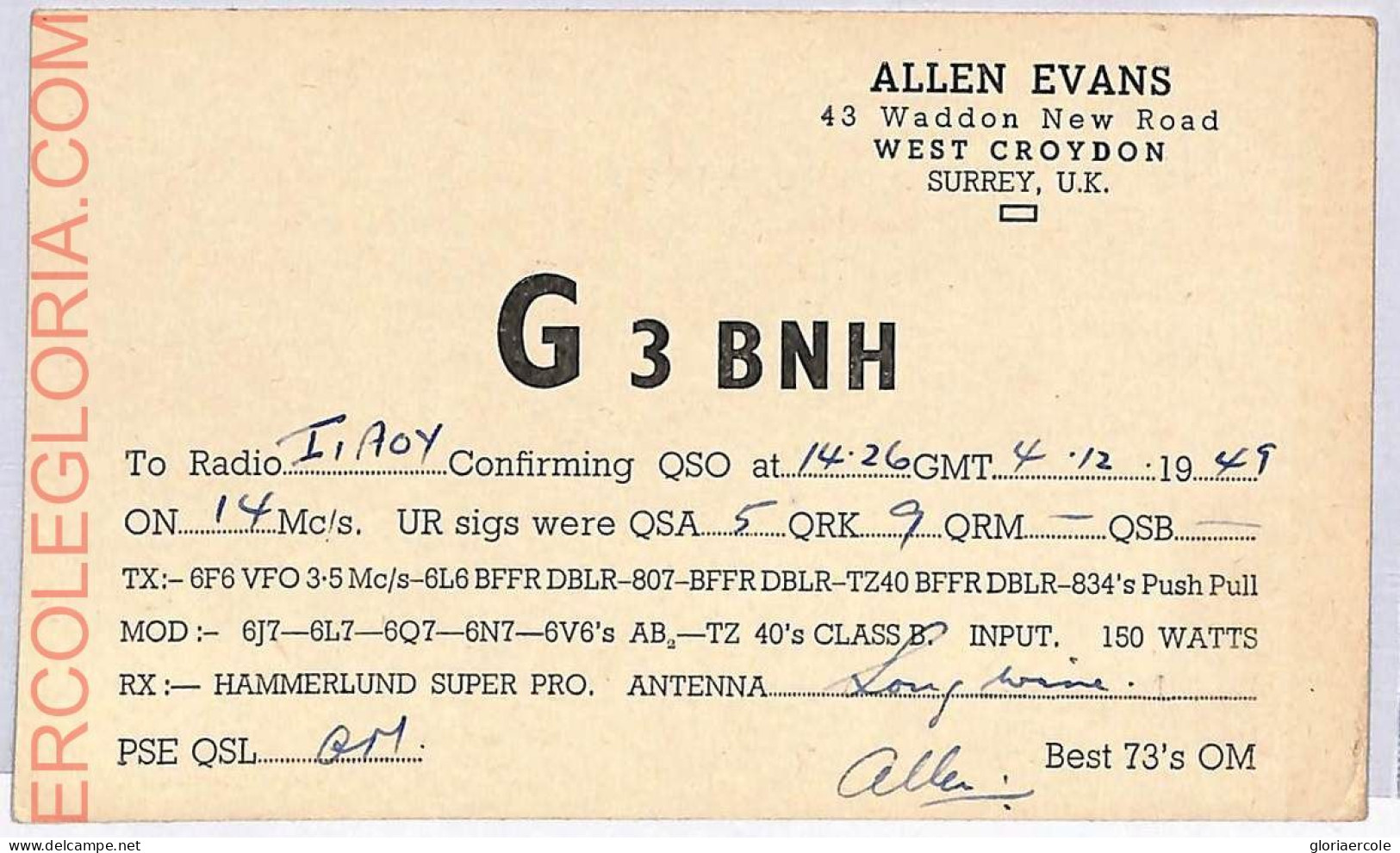 Ad9169 - GREAT BRITAIN - RADIO FREQUENCY CARD -  1949 - Radio