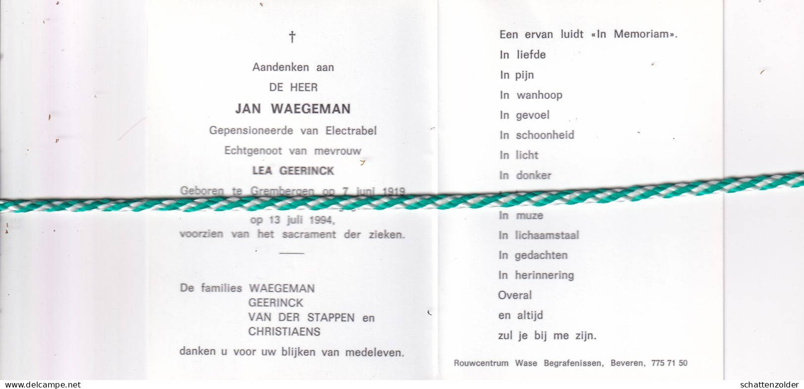 Jan Waegeman-Geerinck, Grembergen 1919, 1994. Foto - Obituary Notices