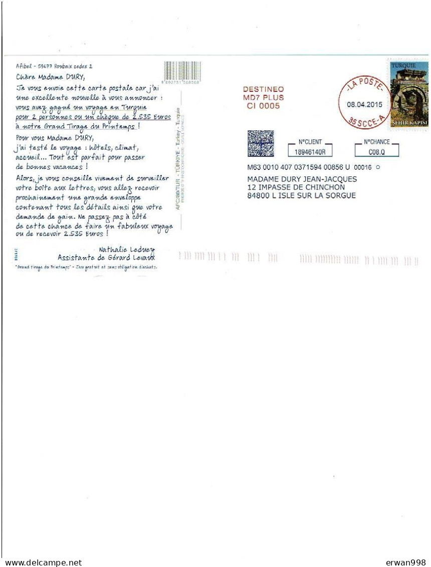 La Poste - 8/4/2015 Pseudo Entier AFIBEL Avec Simili Timbre & CP TURQUIE  (49) - Private Stationery