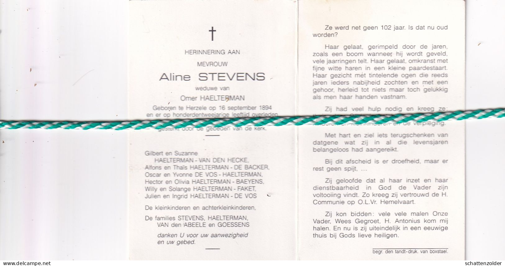 Aline Stevens-Haelterman, Herzele 1894, 1996. Honderdjarige. - Overlijden