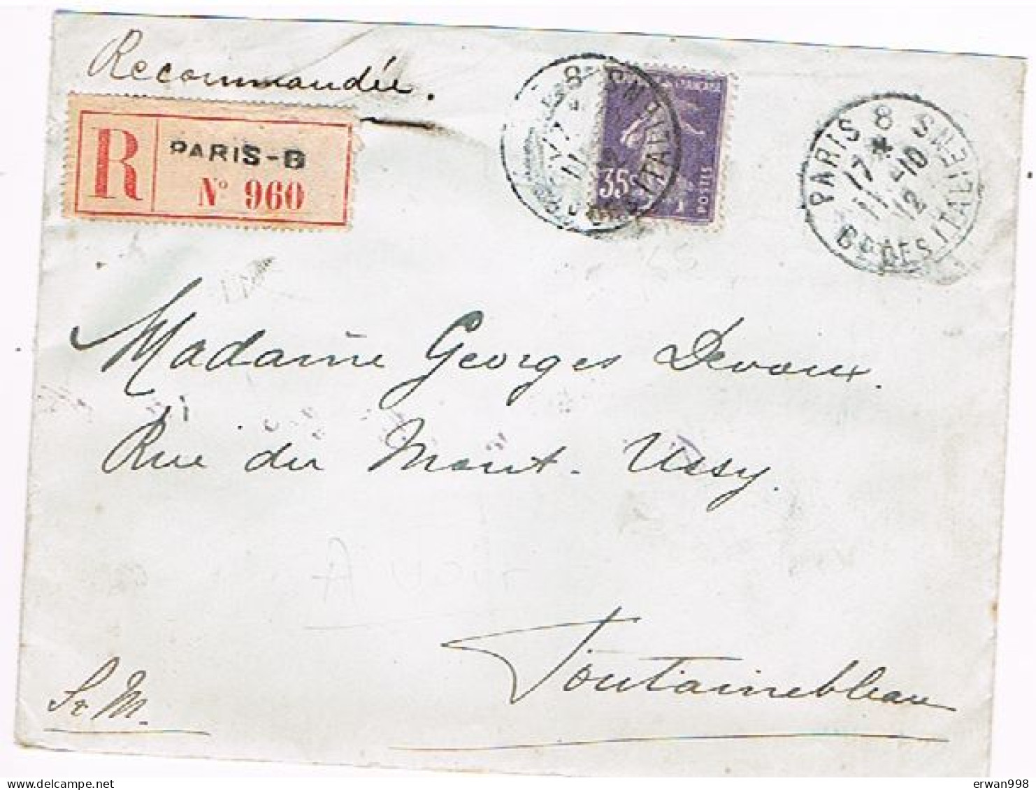 75 PARIS8 YT 136 Semeuse  Cachet Manuel Lettre Recommandée 11/10/1912     (51) - 1877-1920: Période Semi Moderne