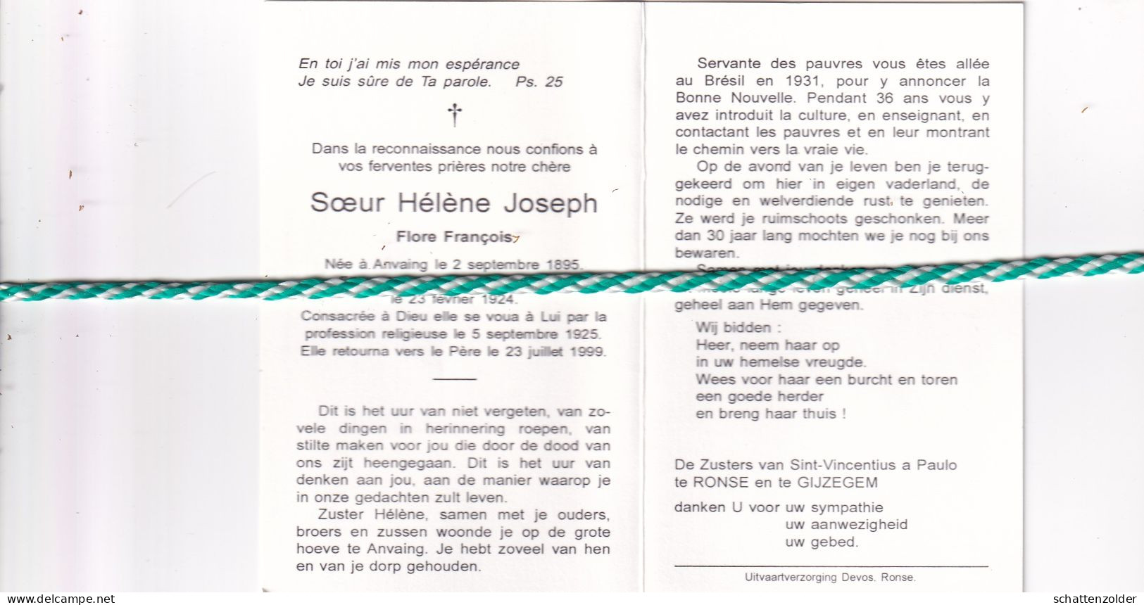 Soeur Hélène Joseph (Flore Francois), Anvaing 1895, 1999. Honderdjarige - Obituary Notices