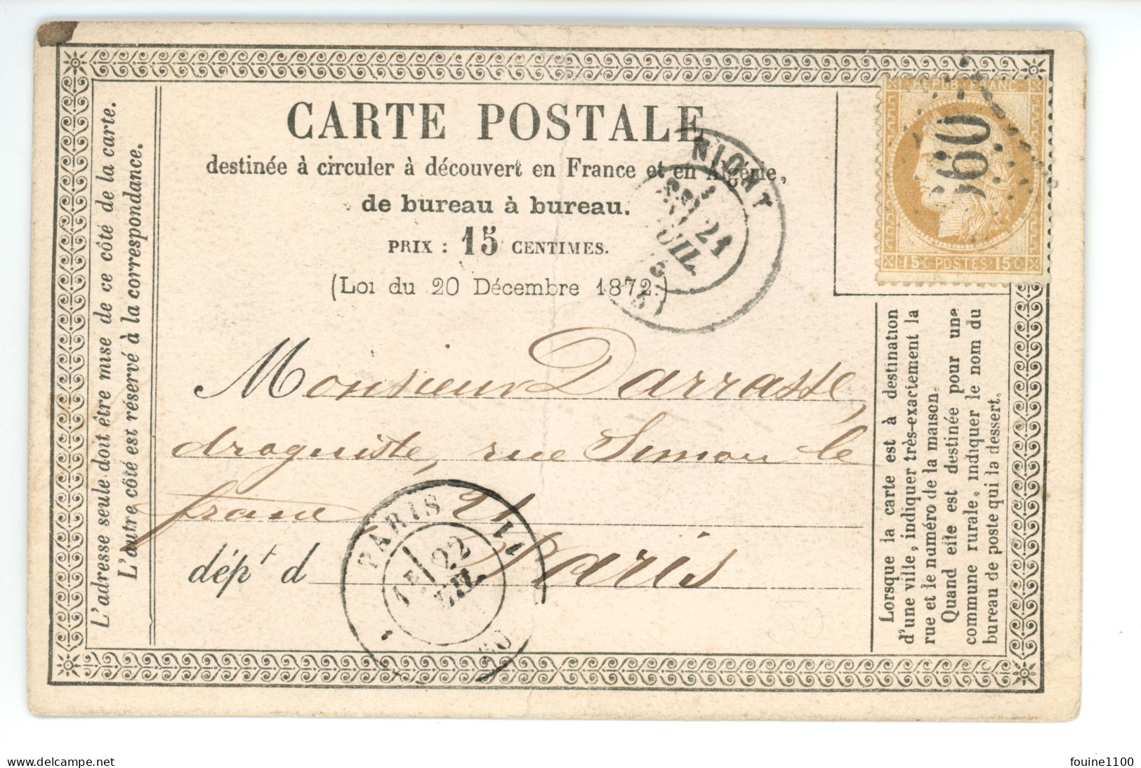 CARTE PRECURSEUR Commande Du Pharmacien LIMOUZAIN De NIORT 79 Au Droguiste Darrasse De PARIS  Année 1875 - 1849-1876: Periodo Classico