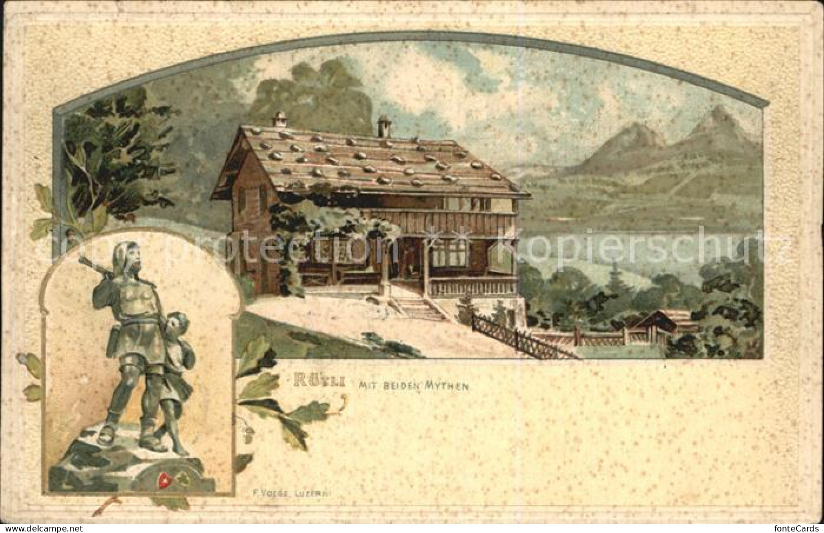 12585034 Ruetli Vierwaldstaettersee Mit Den Beiden Mythen Berghaus Statue Litho  - Sonstige & Ohne Zuordnung