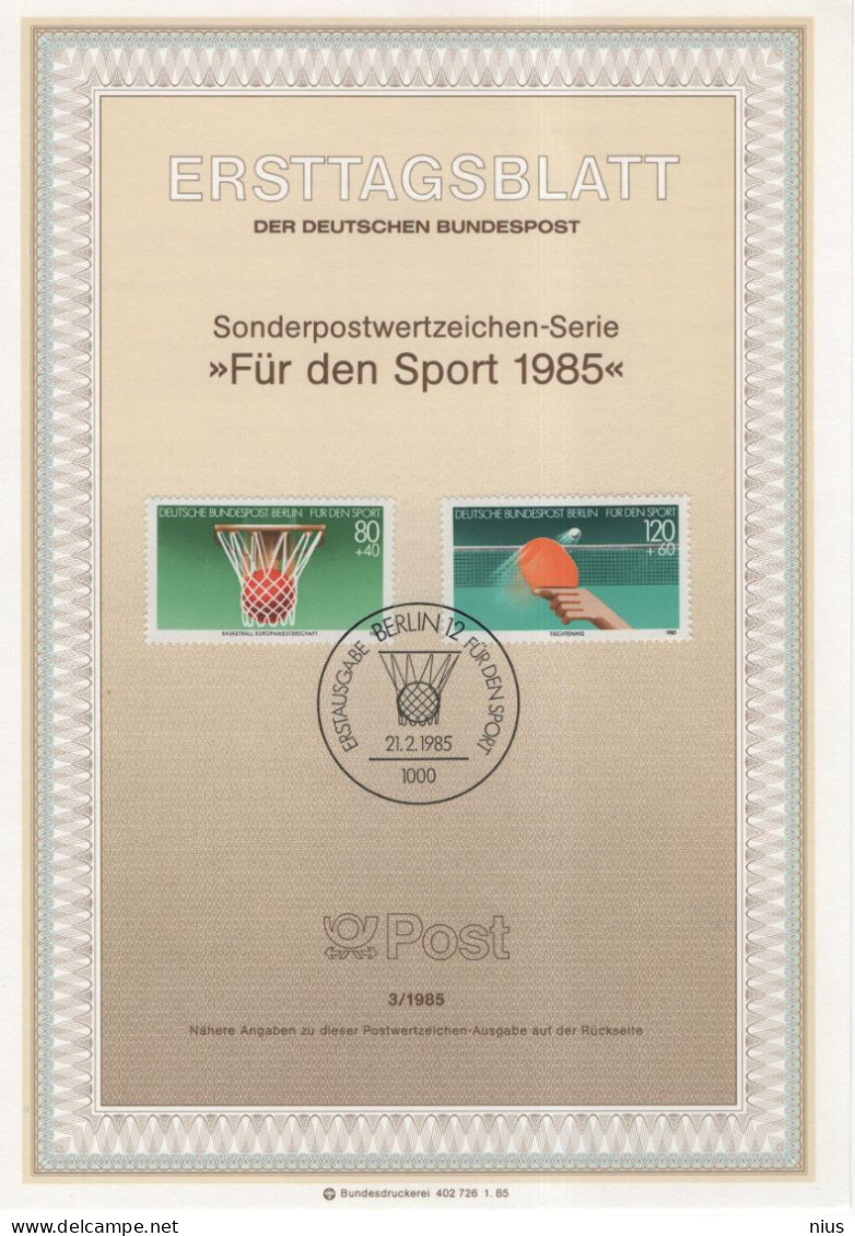 Germany Deutschland 1985-03 Table Tennis, Tischtennis, Für Den Sport, Basketball, Canceled In Berlin - 1981-1990