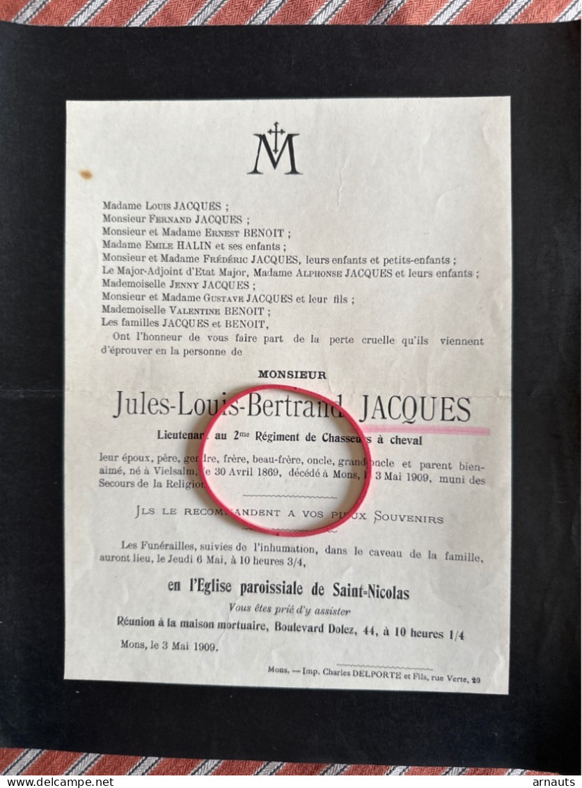 Jules Louis Bertrand Jacques Lieutenant 2 Reg Chasseurs A Chevalier *1869 Vielsalm +1909 Mons Epoux Benoit Halin - Obituary Notices