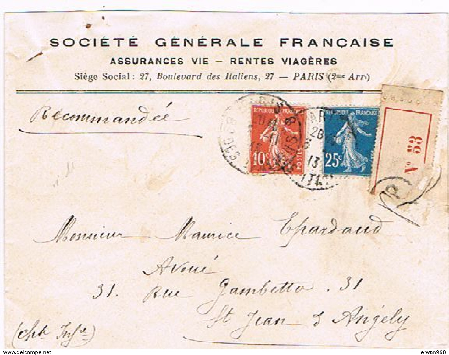 75 PARIS8 YT 135 &140 Semeuse Lettre Recommandée 11/1913  Enveloppe Commerciale Sté Générale Française Assurances   (52) - 1906-38 Säerin, Untergrund Glatt