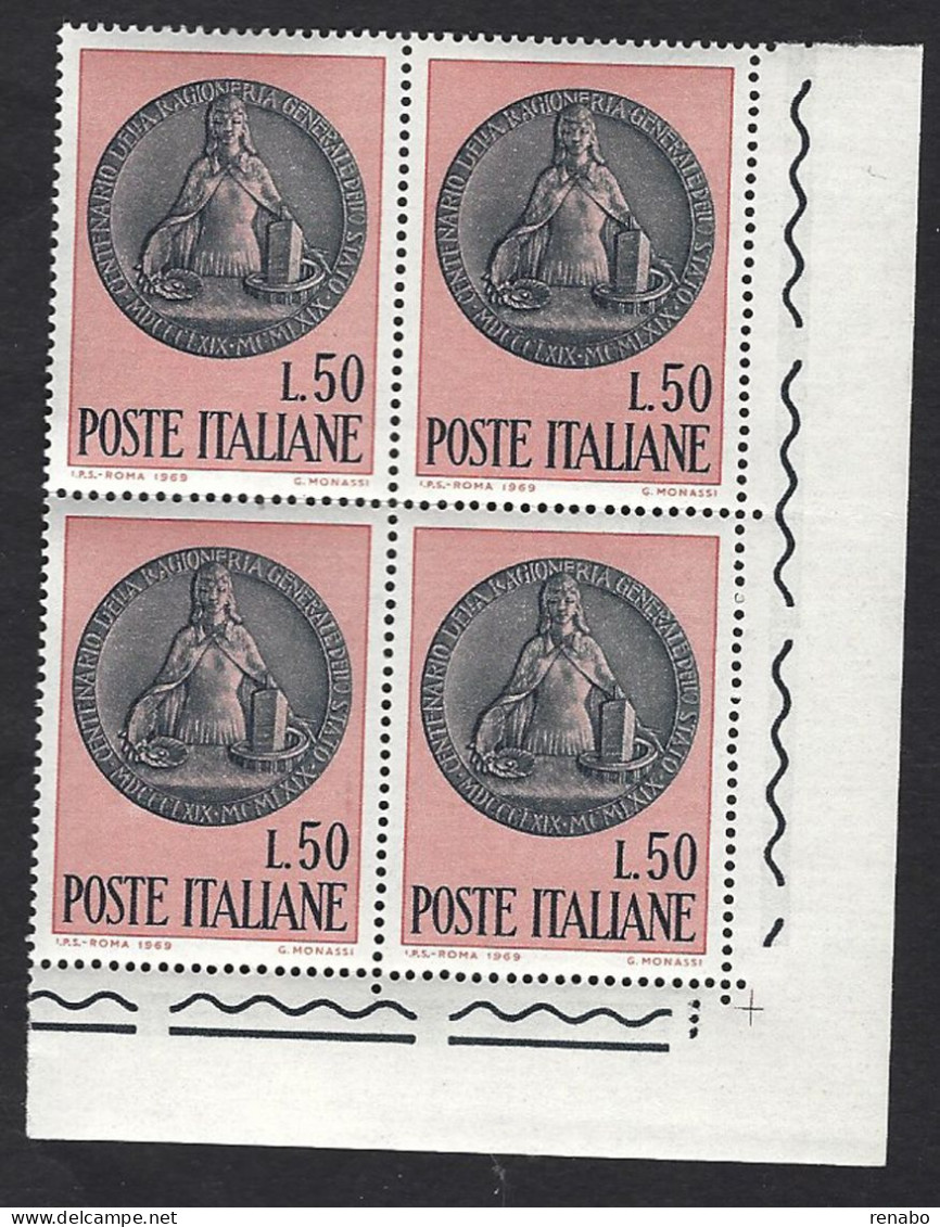 Italia 1969; 100° Ragioneria Generale Dello Stato Con Medaglione: Quartina Di Angolo Inferiore - 1961-70: Mint/hinged