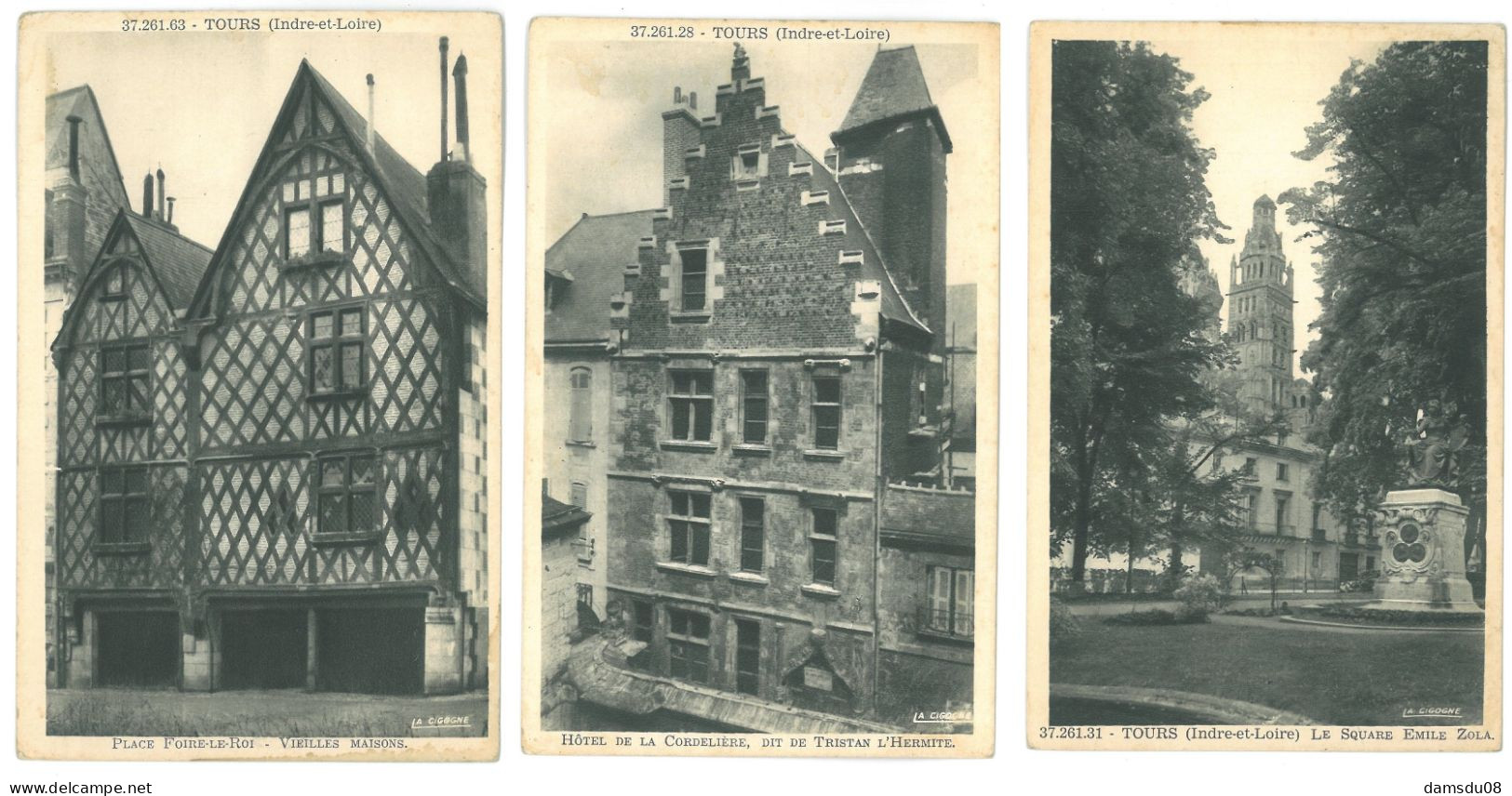 3 Cpa 37 Tours Place Foire Le Roi Vieilles Maisons, Le Square Emile Zola Et Hotel De La Cordelière Dit De Tristan L'Herm - Tours