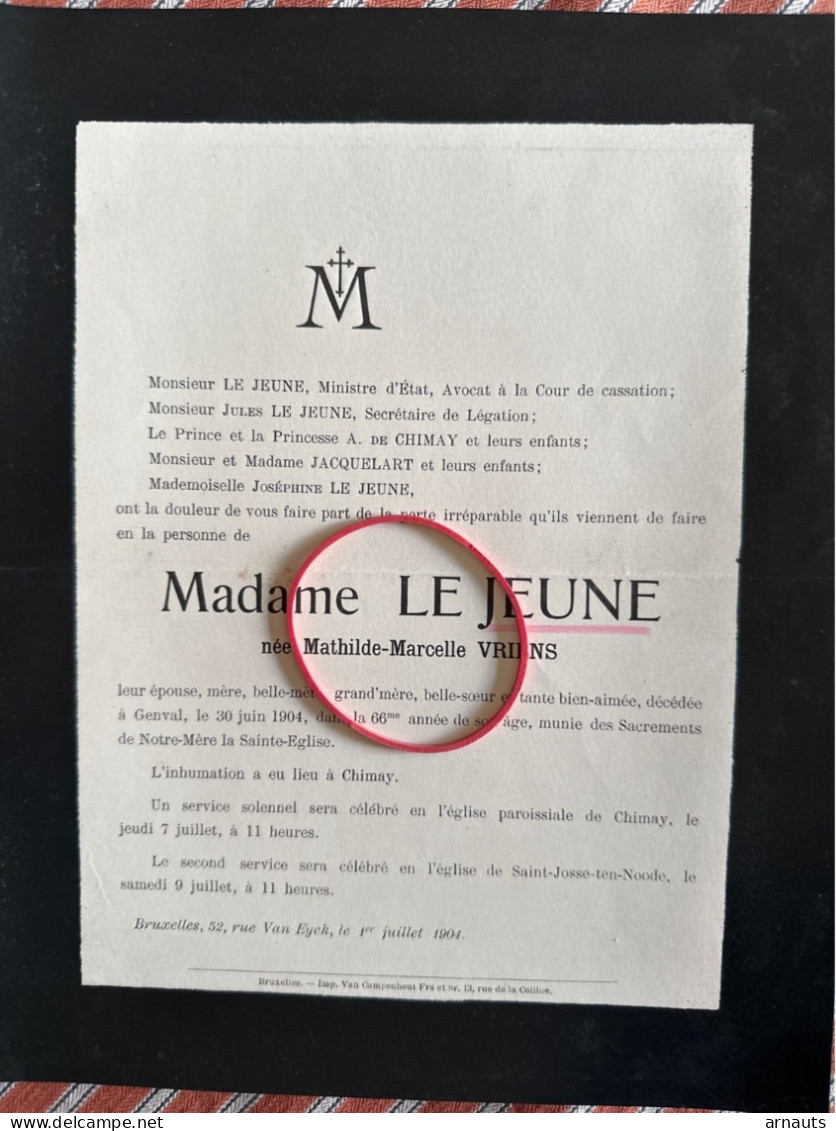 Madame Le Jeune Nee Vriens Mathilde Marcelle *1838+1904 Genval Chimay St Josse Ten Node Prince De Chimay Jacquelart - Esquela