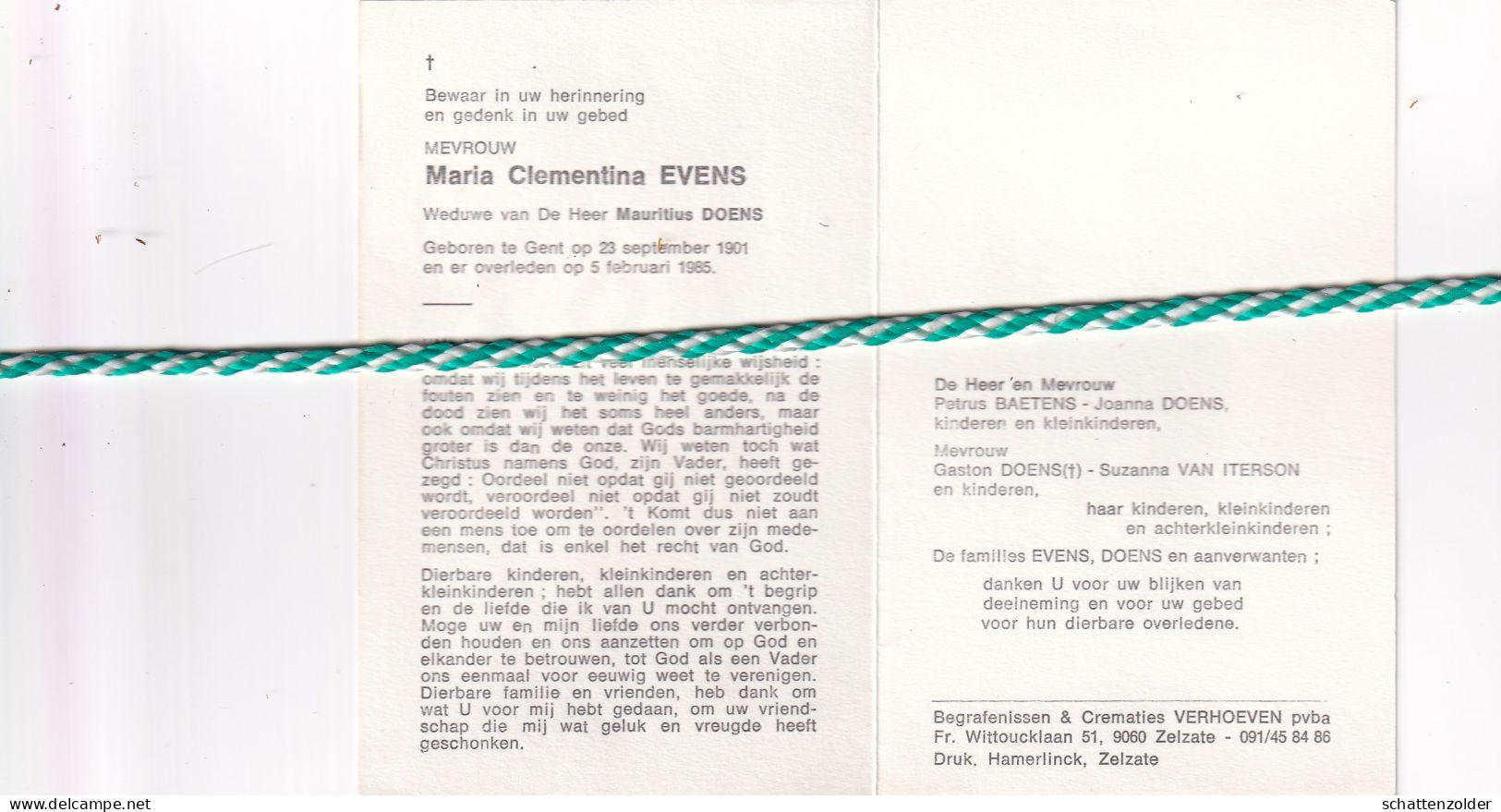 Maria Clementina Evens-Doens; Gent 1901, 1985 - Esquela