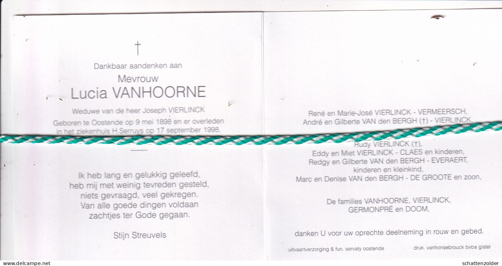 Lucia Vanhoorne-Vierlinck, Oostende 1898, 1998. Honderdjarige - Obituary Notices