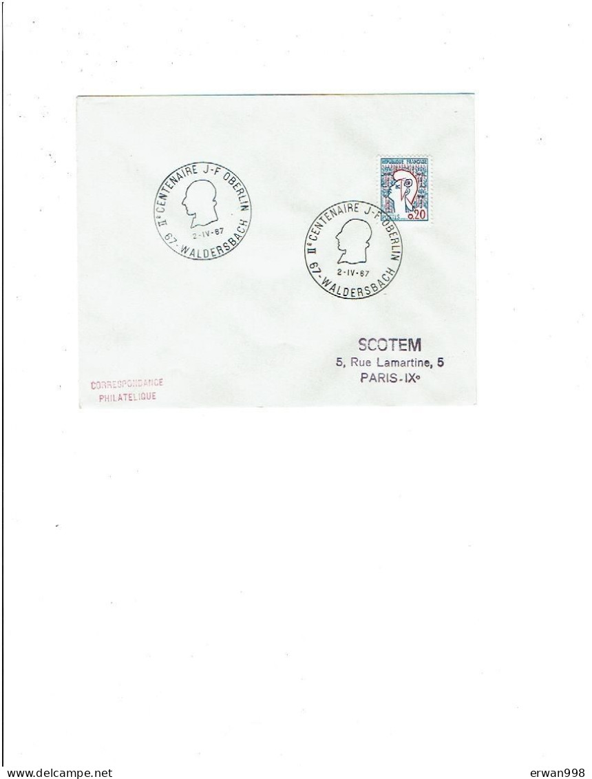 67 WALDERSBACH BT 2/4/1967 IIème Centenaire JF OBERLIN S/ Marianne De Cocteau (53) - Commemorative Postmarks
