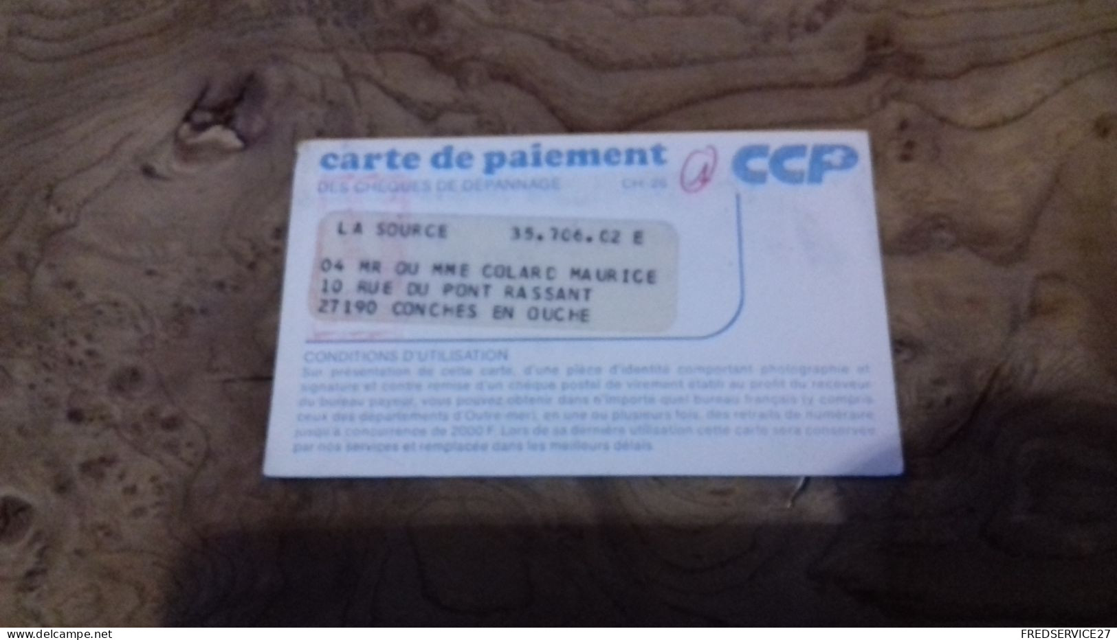 237/ CARTE DE PAIEMENT DES CHEQUES DEPANNAGE CCP - Tarjetas De Membresía