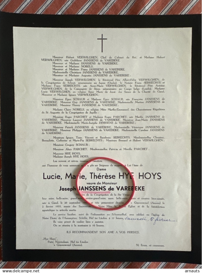 Dame Lucie Hye Hoys Veuve Joseph Janssens De Varebeke *1866 Gand +1955 ‘s Gravenwezel Anvers Schoonselhof Verwilghen - Obituary Notices