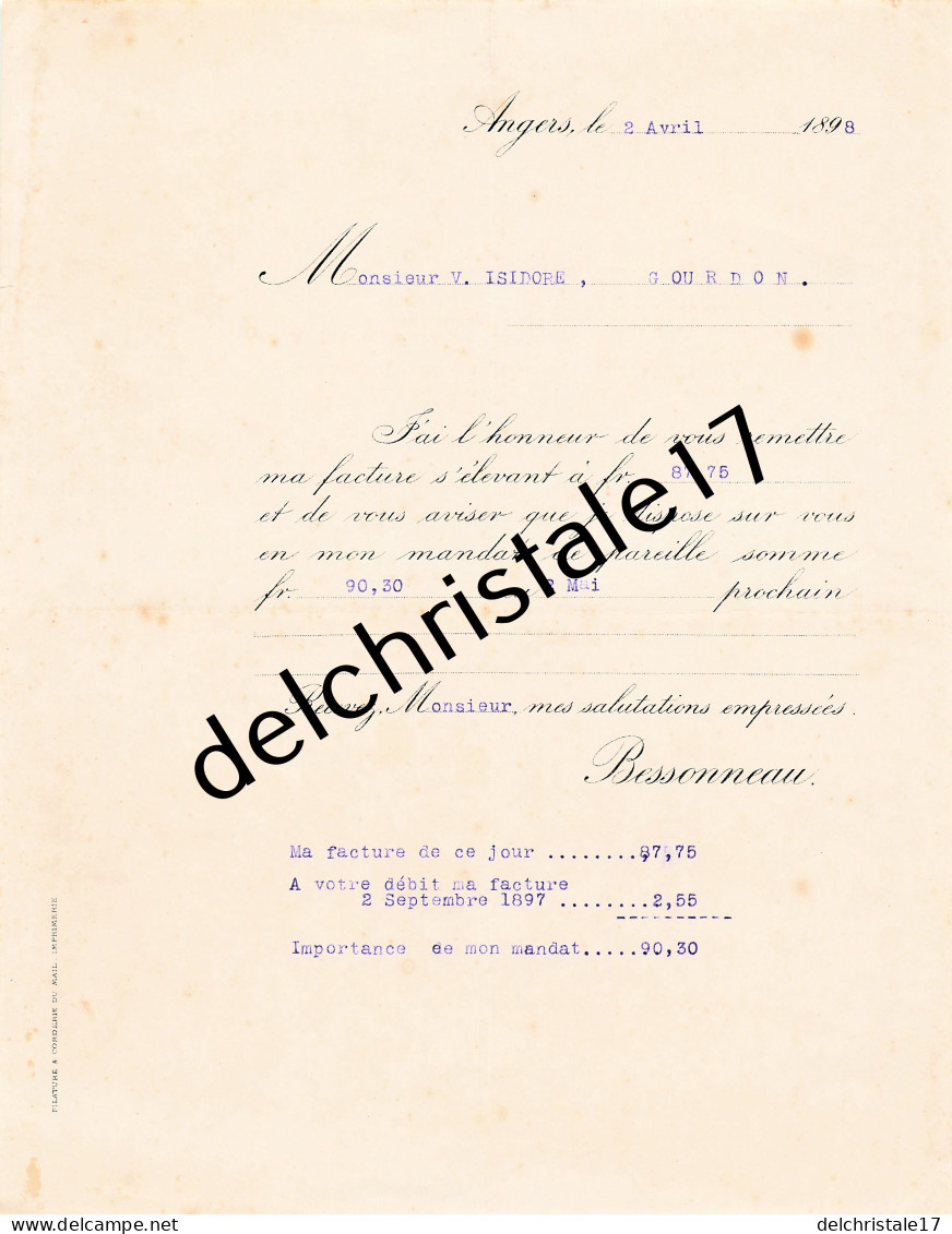 49 0093 ANGERS MAINE & LOIRE 1898 Facture BESSONNEAU Sur Papier Filature & Corderie Du Mail Imprimerie à ISIDORE - 1800 – 1899