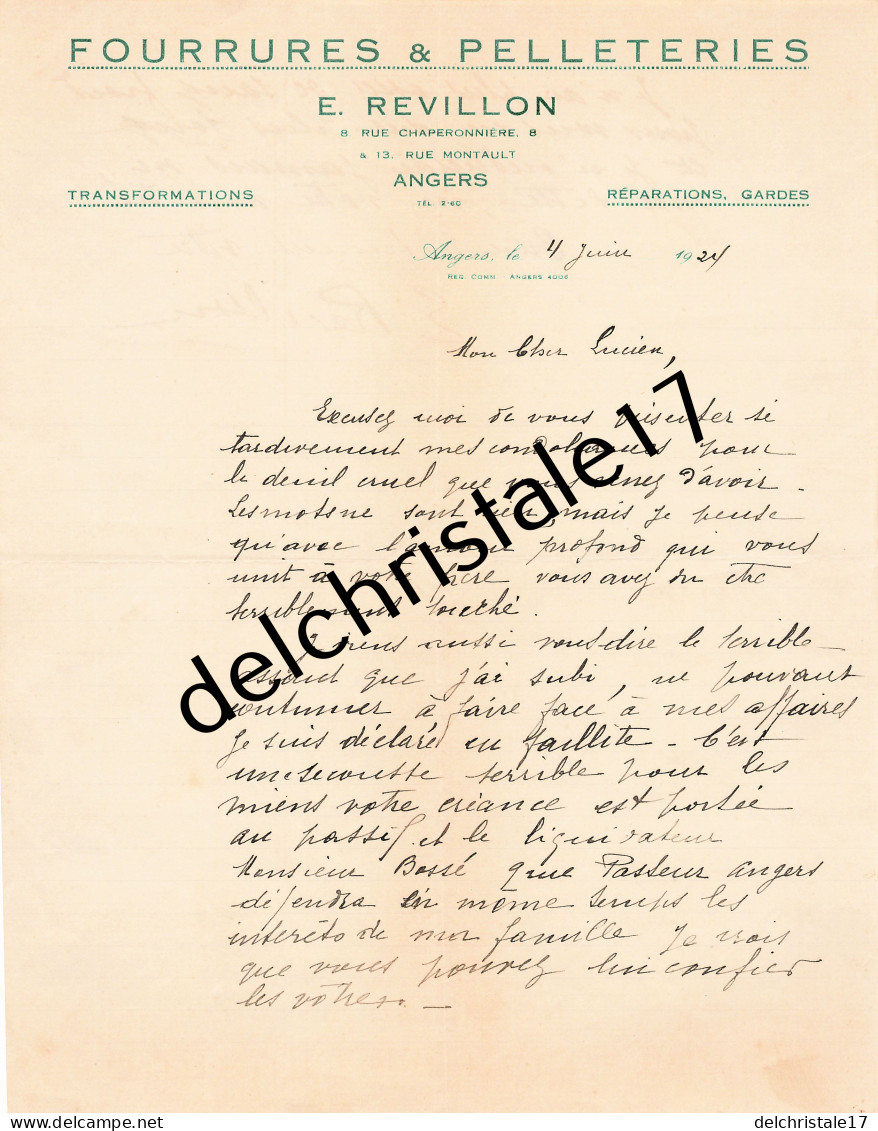 49 0096 ANGERS MAINE & LOIRE 1924 Fourrures & Pelleteries E. REVILLON Transformation Réparations Rue Chaperonnière - Ambachten