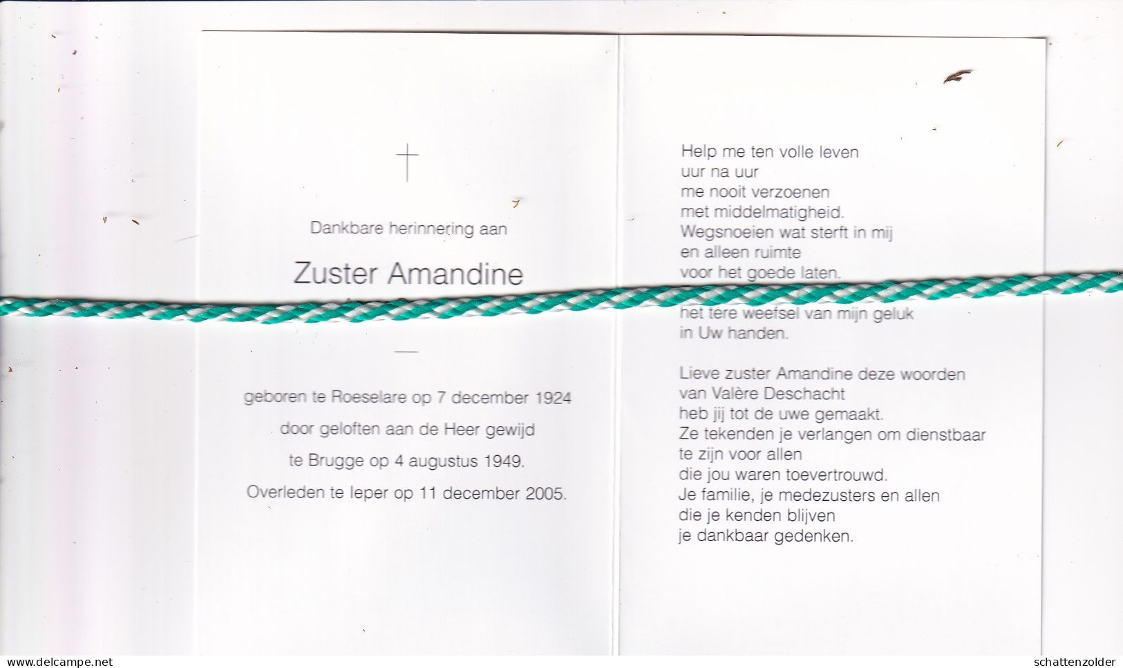 Zuster Amandine (Agnes Bourgeois), Roeselare 1924, Ieper 2005. Foto - Obituary Notices