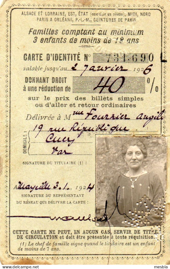 Carte  D' Identité - Chemins De Fer - Carte De Réduction Pour Familles Avec 3 Enfants De Moins De 18 Ans - Cuers - Var - Autres & Non Classés