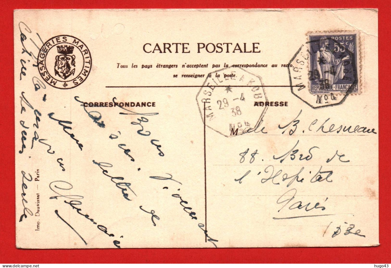 (RECTO / VERSO) CARTE POSTALE MESSAGERIES MARITIMES - PAQUEBOT- CACHET HEXAGONAL LIAISON MARSEILLE A KOBE N°4 -29/4/1938 - Schiffspost