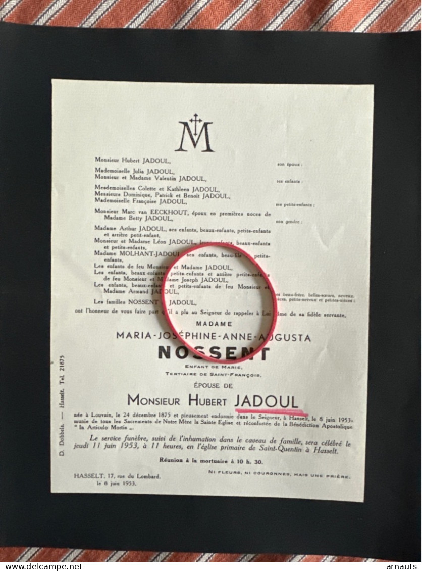 Madame Maria Nossent Ep. Jadoul Hubert *1875 Louvain +1953 Hasselt Van Eeckhoudt Molhant Tertiaire De St-François - Esquela